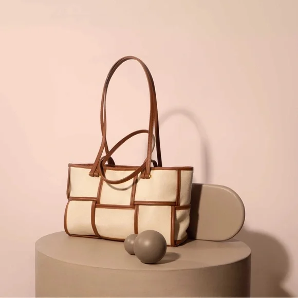 Melie Bianco Recycled Vegan Tote Bag in Tan & Cream - Picture 9 of 10